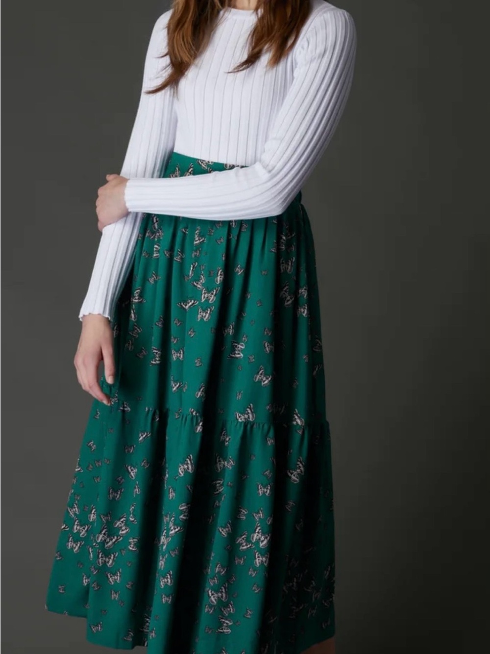 Tiered Emerald Green Printed Maxi Skirt
